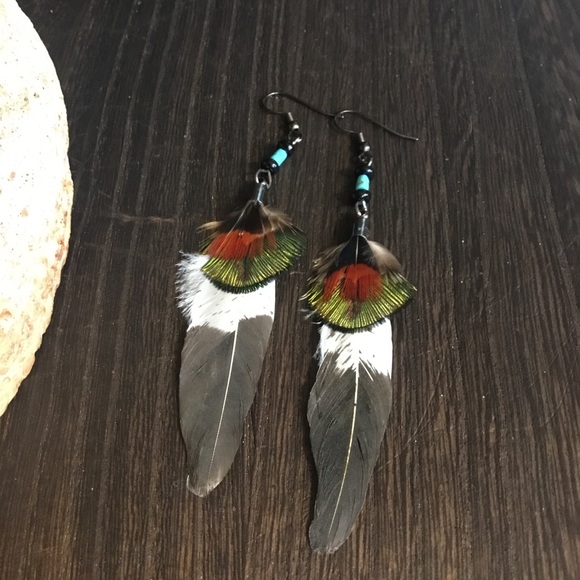 Hand Crafted Imitation Eagle & Turquoise Feather Hand Painted Tribal Earrings - Picture 13 of 16